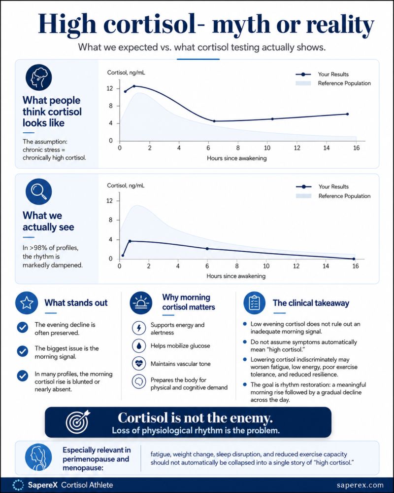 Infographic comparing the expected chronically high cortisol curve with the dampened morning rise seen in SapereX testing data